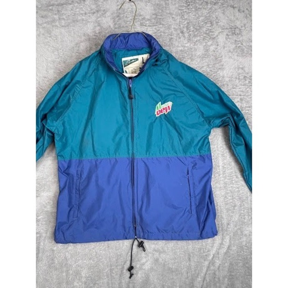 Vintage Mountain Dew Windbreaker Jacket Size L 90s Colorblock Teal Blue Promo